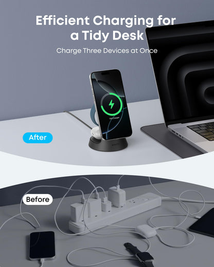 Anker MagGo 3-in-1 wireless charging station with dock stand for smartphones, smartwatches, and earbuds in black.