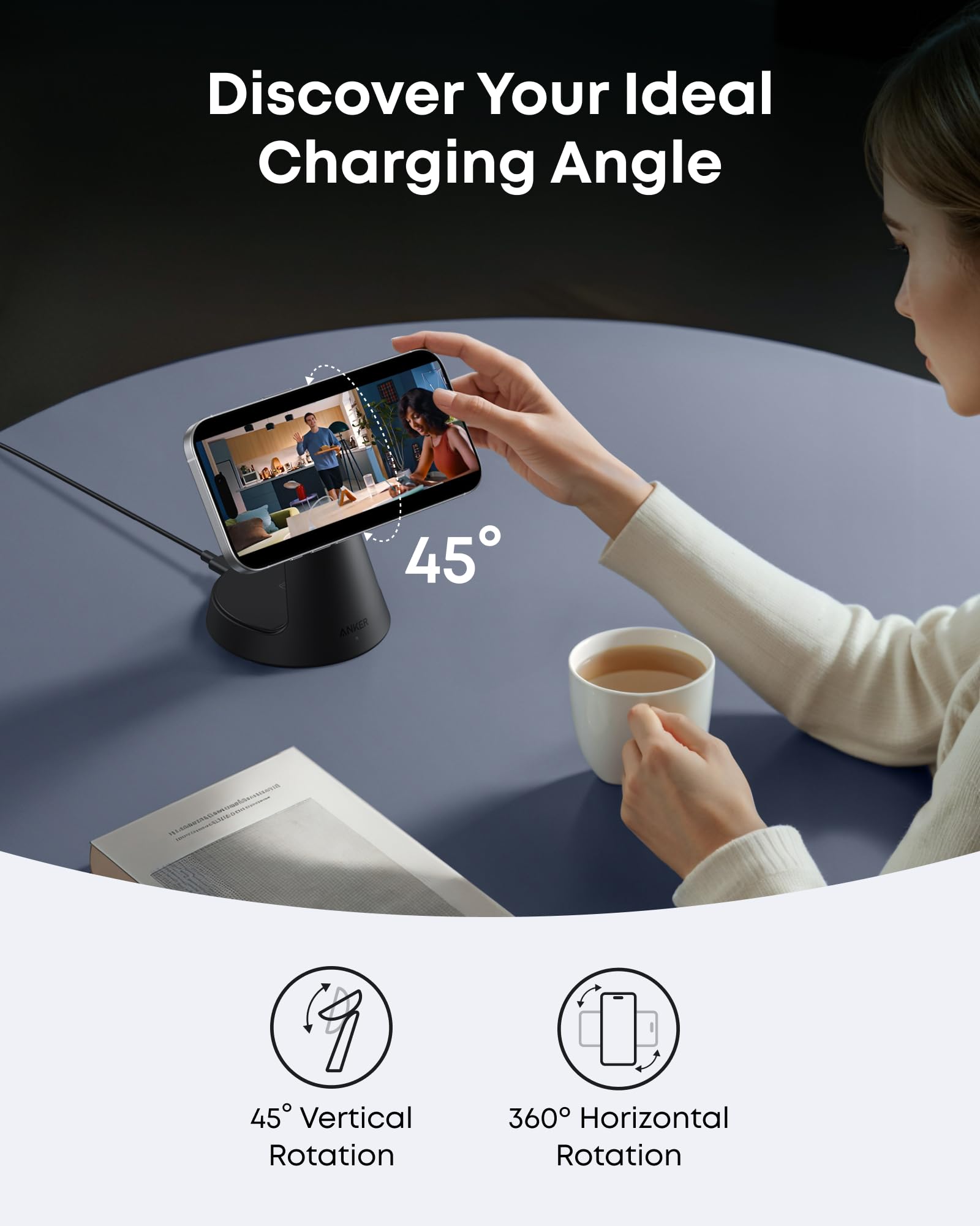 Black Anker MagGo wireless charging station 3-in-1 dock stand for charging smartphones, smartwatches, and earbuds.