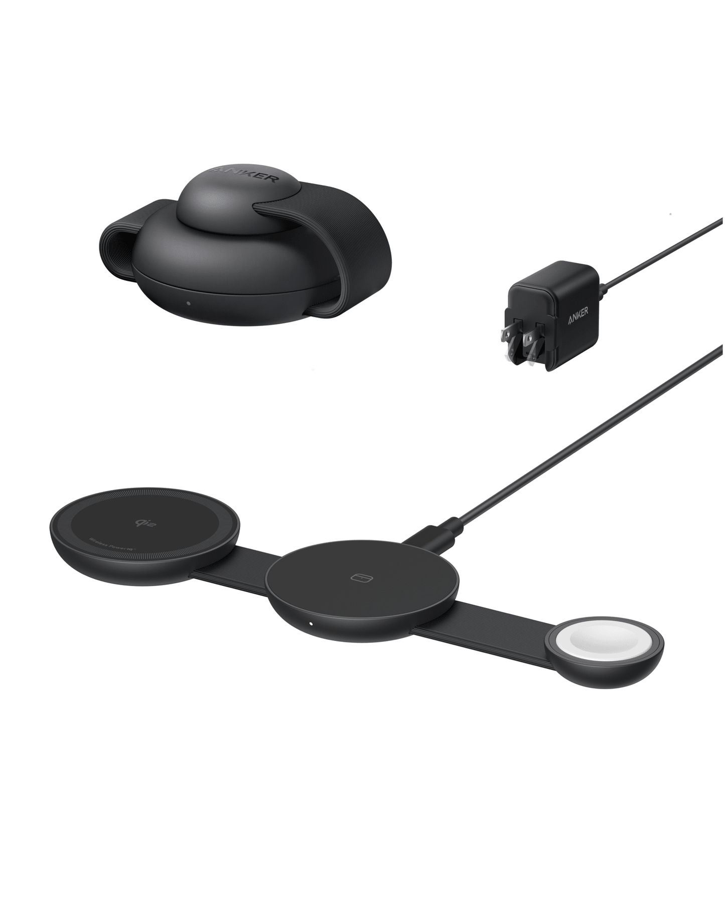 Black Anker MagGo 3-in-1 wireless charging station with foldable pad and adapter for charging multiple devices simultaneously