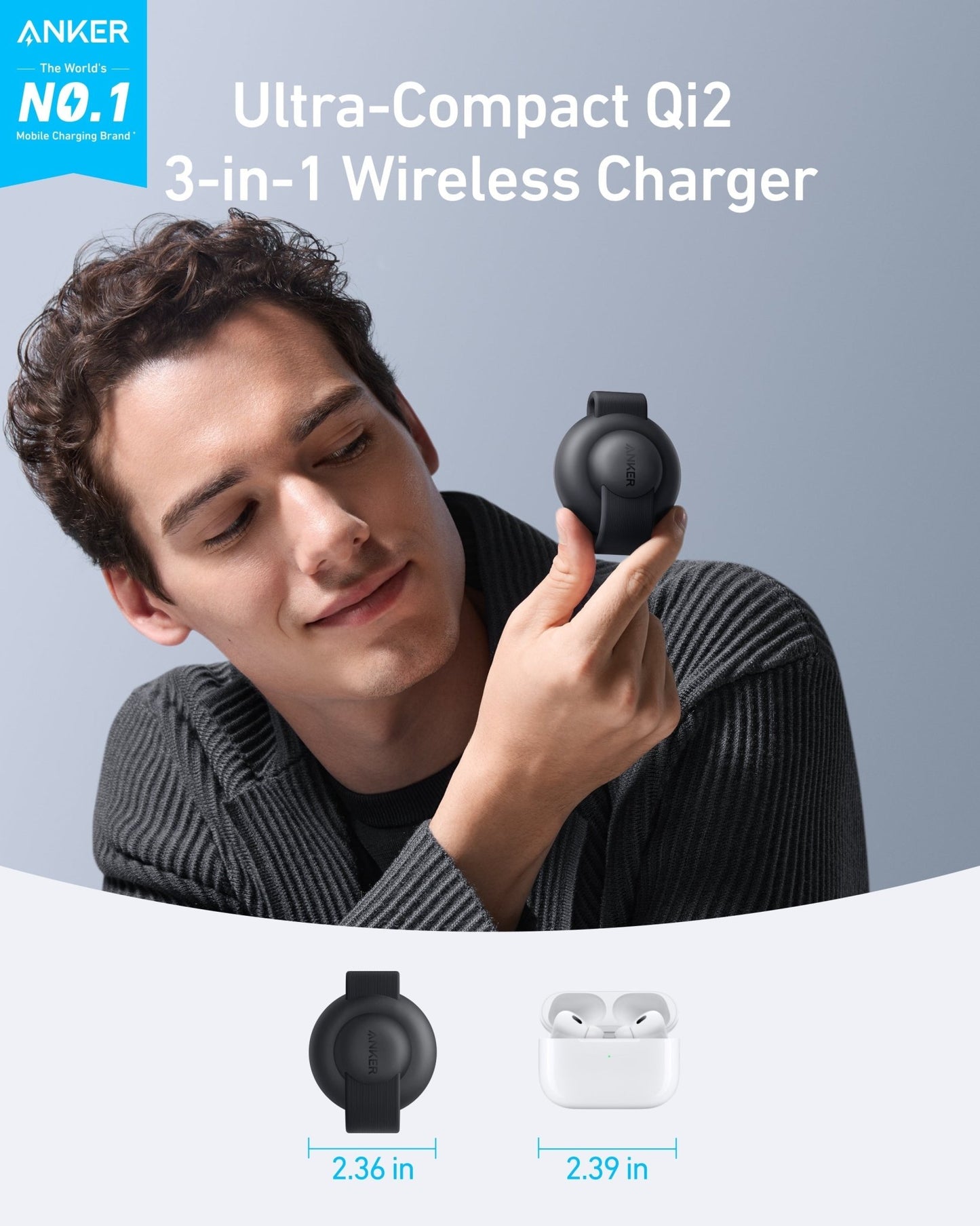 Anker MagGo 3-in-1 wireless charging station with foldable pad, black stone finish, and included power adapter for multiple device charging
