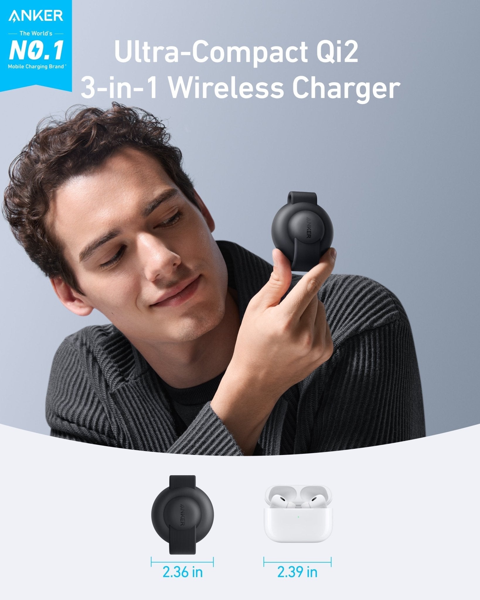 Anker MagGo 3-in-1 wireless charging station with foldable pad, black stone finish, and included power adapter for multiple device charging