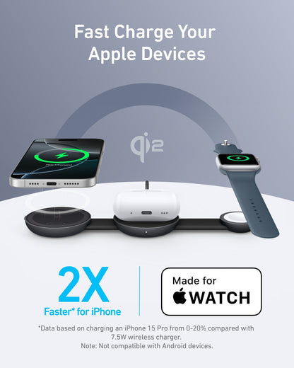 Anker MagGo wireless charging station 3-in-1 foldable pad with black stone finish and included power adapter.