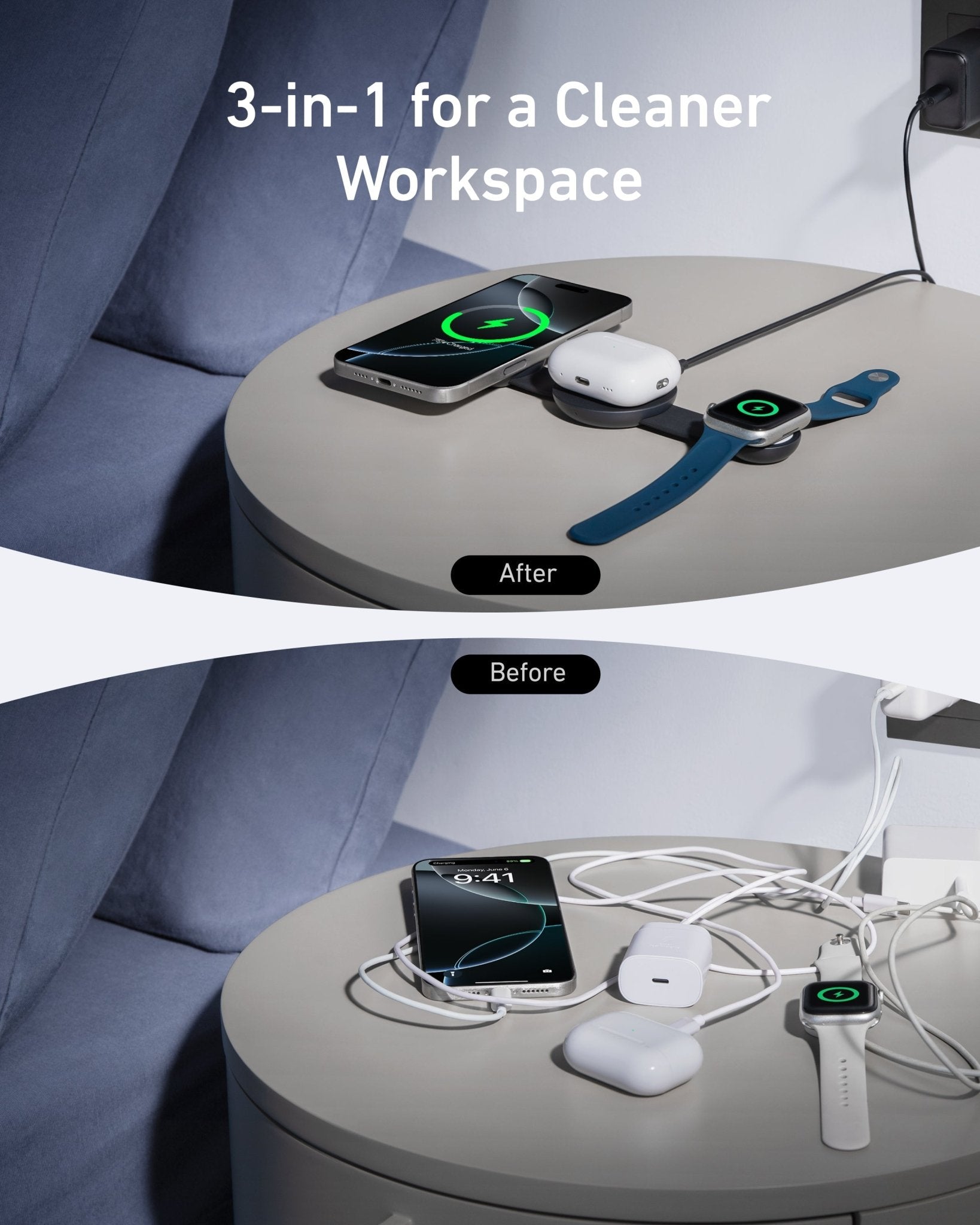 Anker MagGo 3-in-1 wireless charging station with foldable pad and black stone finish, includes charging adapter.