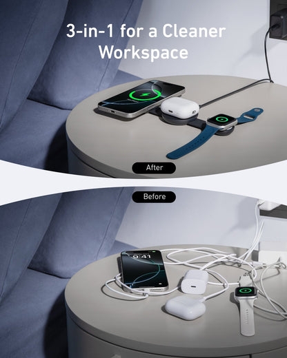 Anker MagGo 3-in-1 wireless charging station with foldable pad and black stone finish, includes charging adapter.