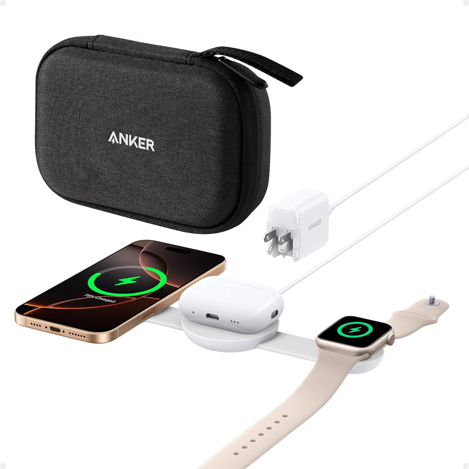 Anker MagGo 3-in-1 wireless charging station with foldable pad, black stone finish, and included adapter for multiple device charging