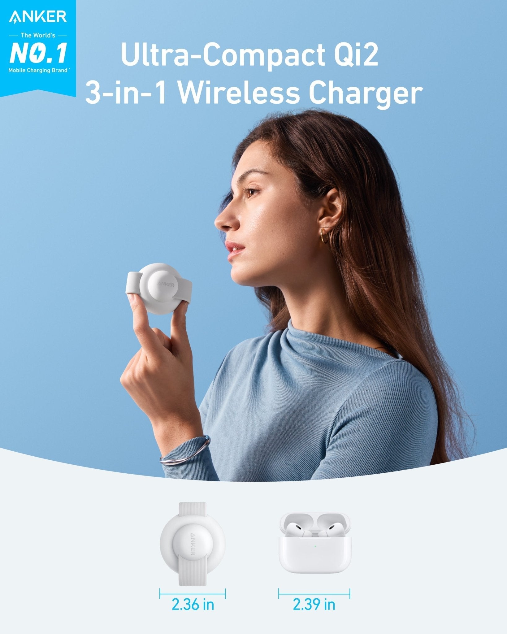 Anker MagGo 3-in-1 wireless charging station with foldable pad in black, featuring a built-in adapter for versatile device charging.