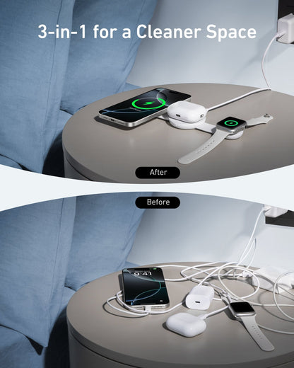 Anker MagGo 3-in-1 wireless charging station with foldable pad and black stone design, includes power adapter for multiple device charging