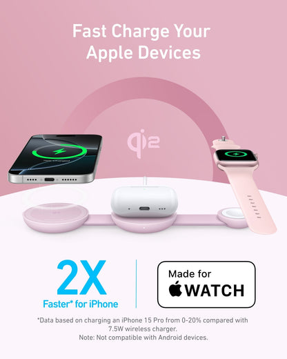 Anker MagGo 3-in-1 wireless charging station with a foldable black pad and power adapter for smartphones, earbuds, and smartwatch charging.