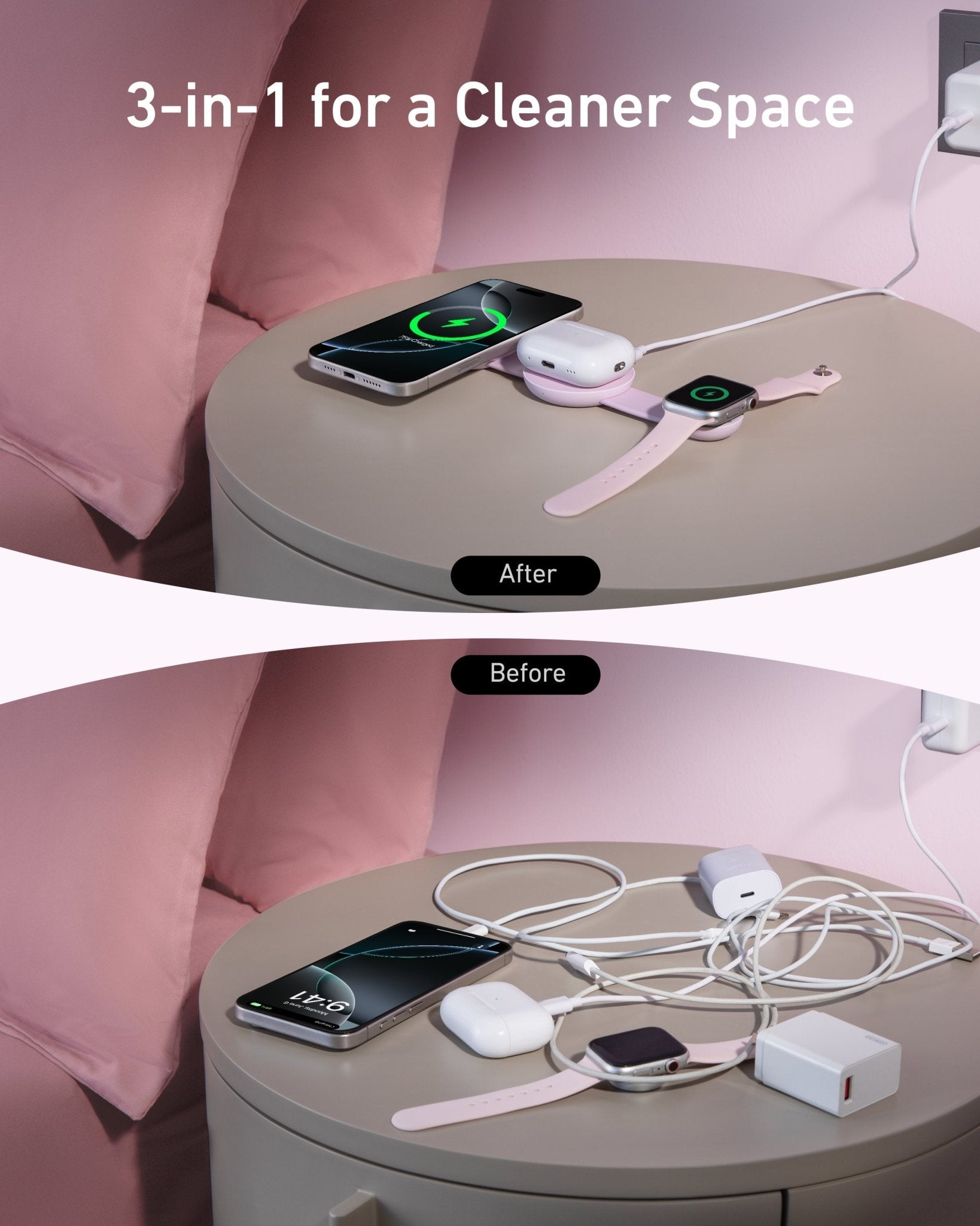 Anker MagGo 3-in-1 wireless charging station with foldable pad and black stone finish, featuring an adapter for convenient charging.