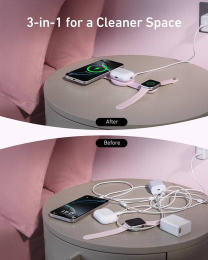 Anker MagGo 3-in-1 wireless charging station with foldable pad and black stone finish, featuring an adapter for convenient charging.