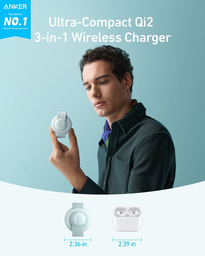 Anker MagGo wireless charging station 3-in-1 foldable pad with black stone finish and included adapter for charging multiple devices.