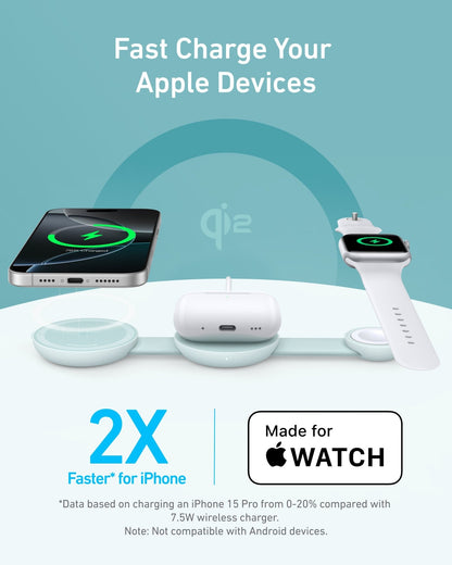 Anker MagGo 3-in-1 wireless charging station with foldable pad, black stone finish, and included adapter for multiple device charging