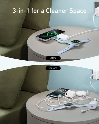 Anker MagGo 3-in-1 wireless charging station with foldable pad and black stone design, featuring an included charging adapter.