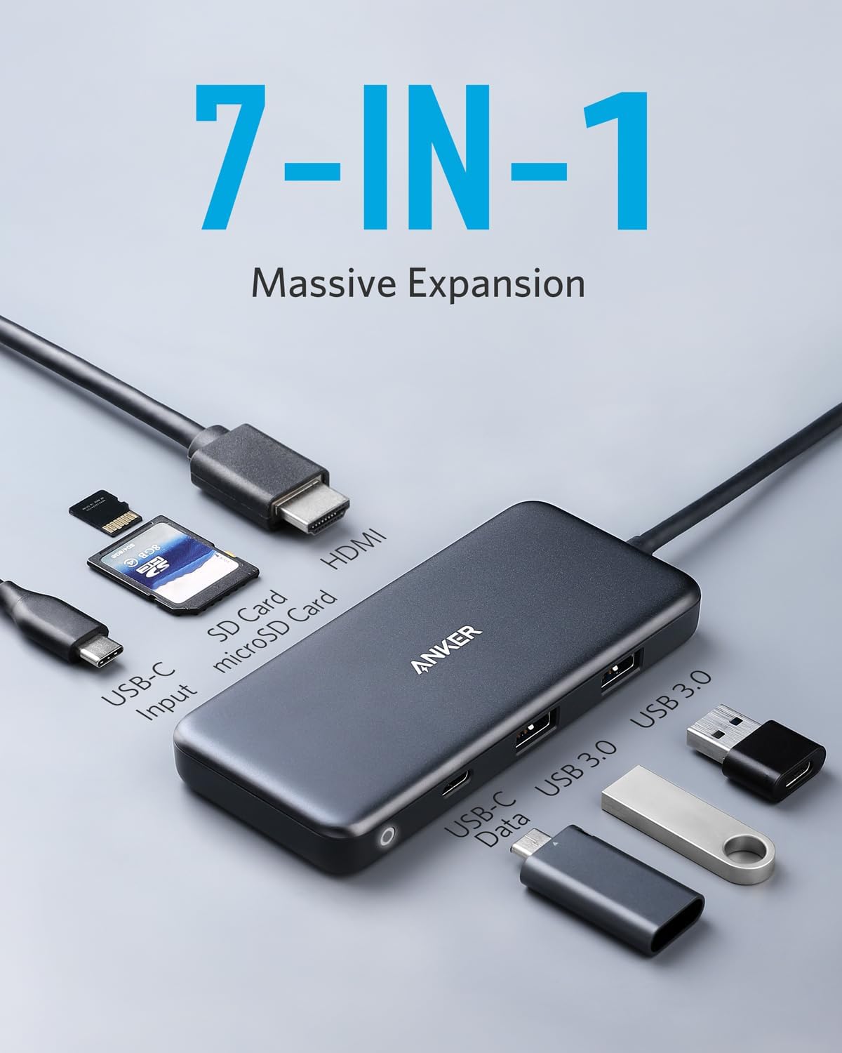 Anker 341 USB-C Hub 7-in-1 charging-only black hub with multiple ports for laptops and devices.