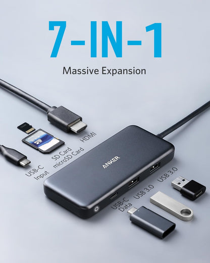 Anker 341 USB-C Hub 7-in-1 charging-only black hub with multiple ports for laptops and devices.