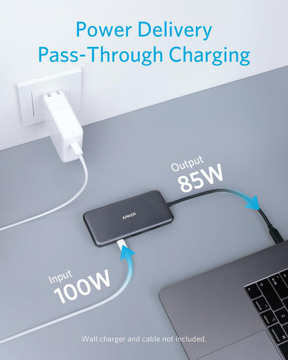 Anker 341 USB-C Hub in black showing multiple ports for charging and connectivity on a sleek device
