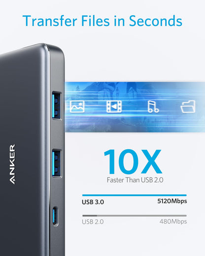 Anker 341 USB-C Hub in black, 7-in-1 charging station with multiple ports for laptop connectivity and power delivery.