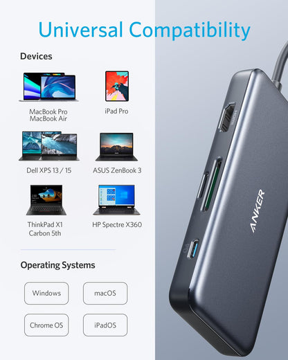 Anker 341 USB-C Hub in black showing multiple ports for charging and device connectivity on a sleek surface.
