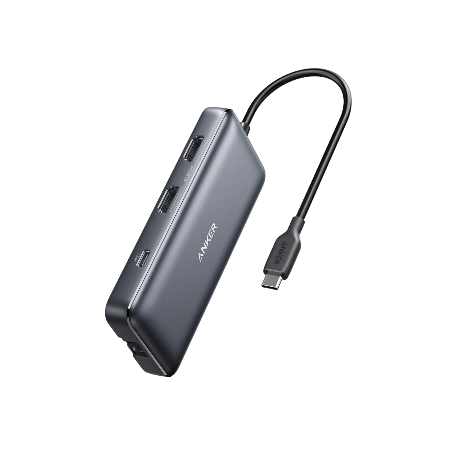 Anker 553 USB-C Hub in black showing multiple ports for charging and connectivity on a sleek electronic device.