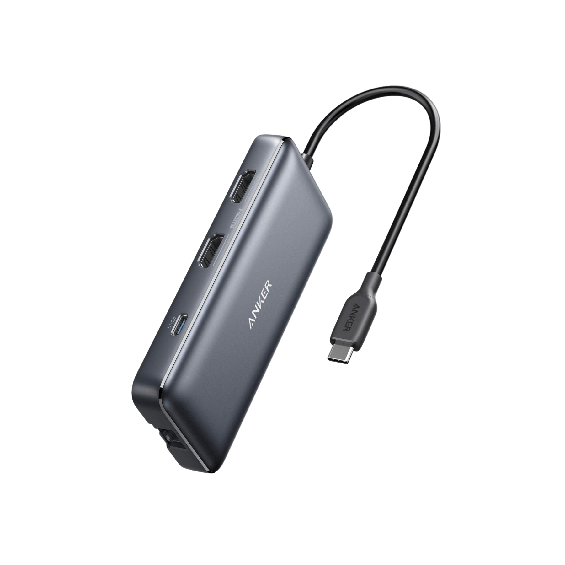 Anker 553 USB-C Hub in black showing multiple ports for charging and connectivity on a sleek electronic device.