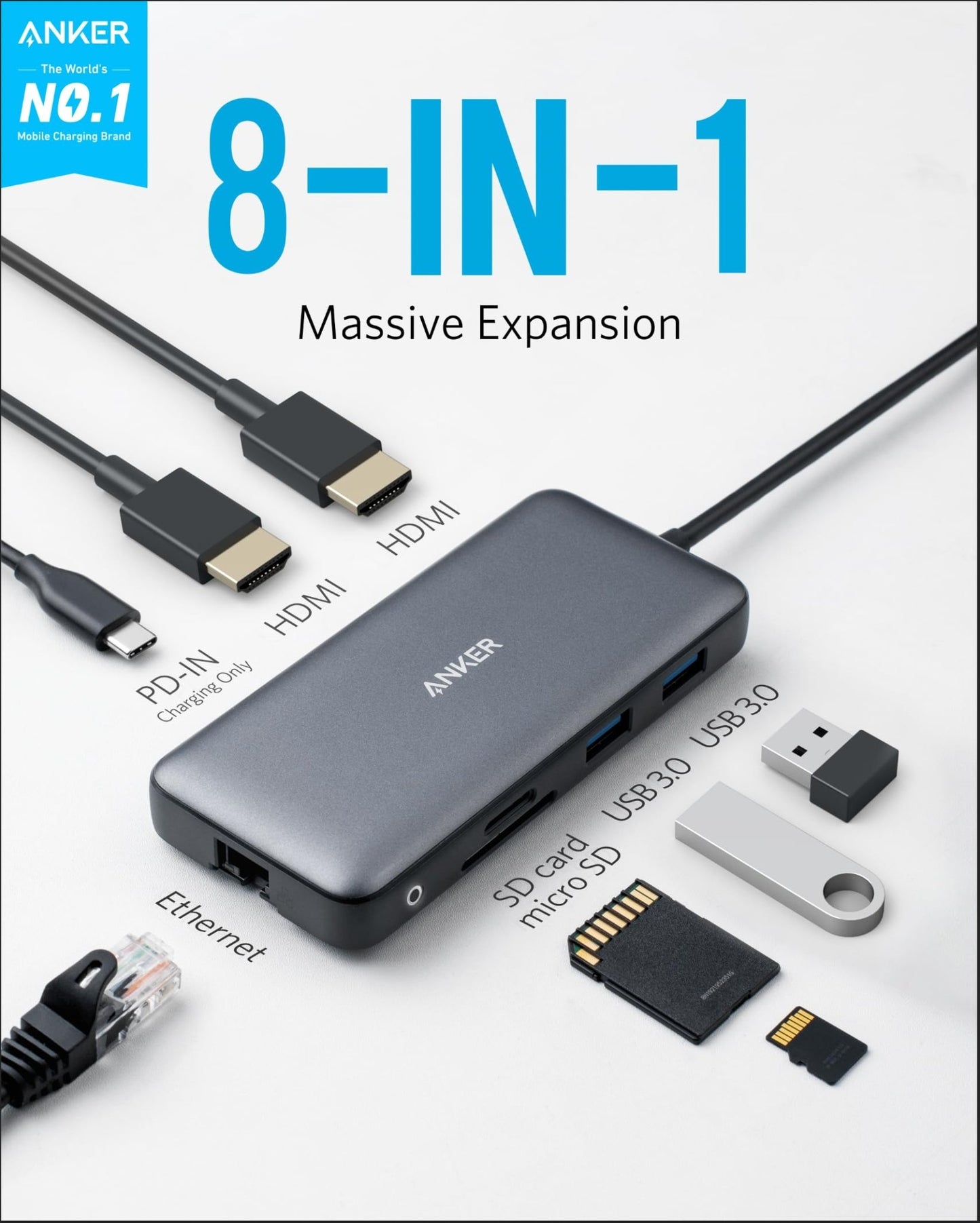 Black Anker 553 USB-C Hub 8-in-1 charging station with multiple ports for laptops and devices, designed for versatile connectivity.