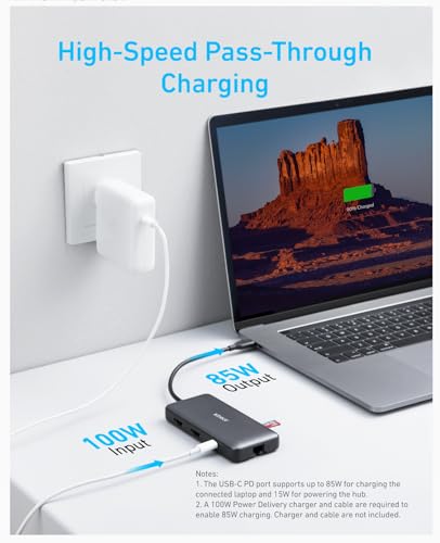 Anker 553 USB-C Hub in black showing multiple ports for charging and connectivity, 8-in-1 charging-only USB-C hub.