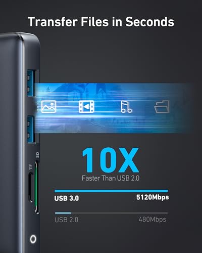 Anker 553 USB-C Hub in black showing multiple ports for charging and connectivity in a sleek design.