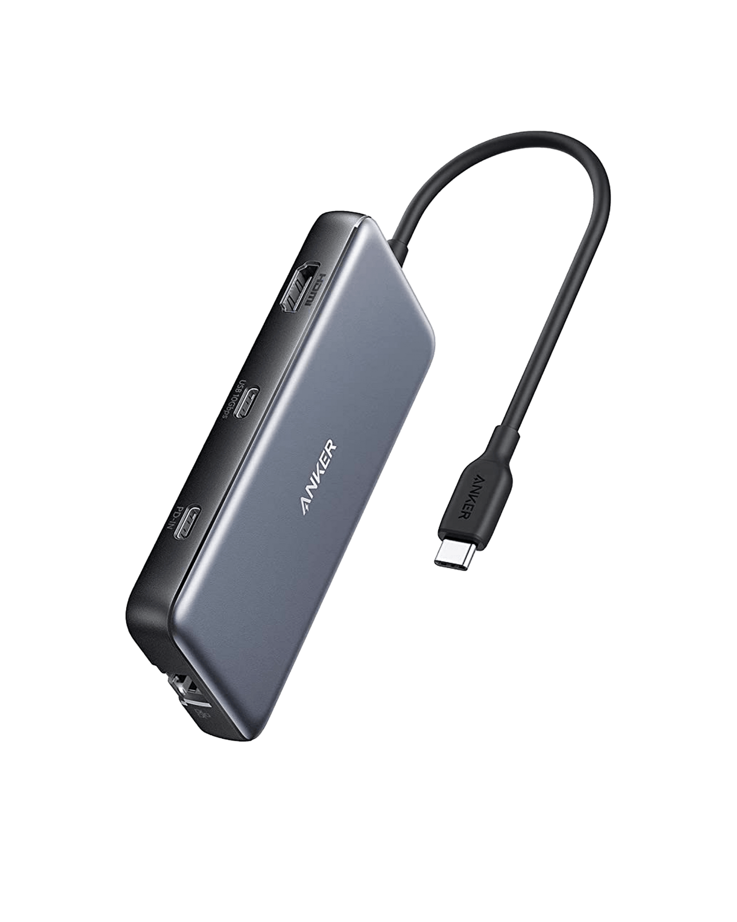 Anker 555 USB-C Hub in black with multiple ports, designed for charging and connecting devices to laptops or desktops.