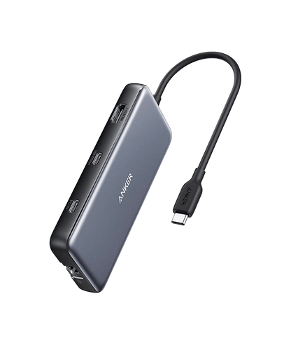Anker 555 USB-C Hub in black with multiple ports, designed for charging and connecting devices to laptops or desktops.