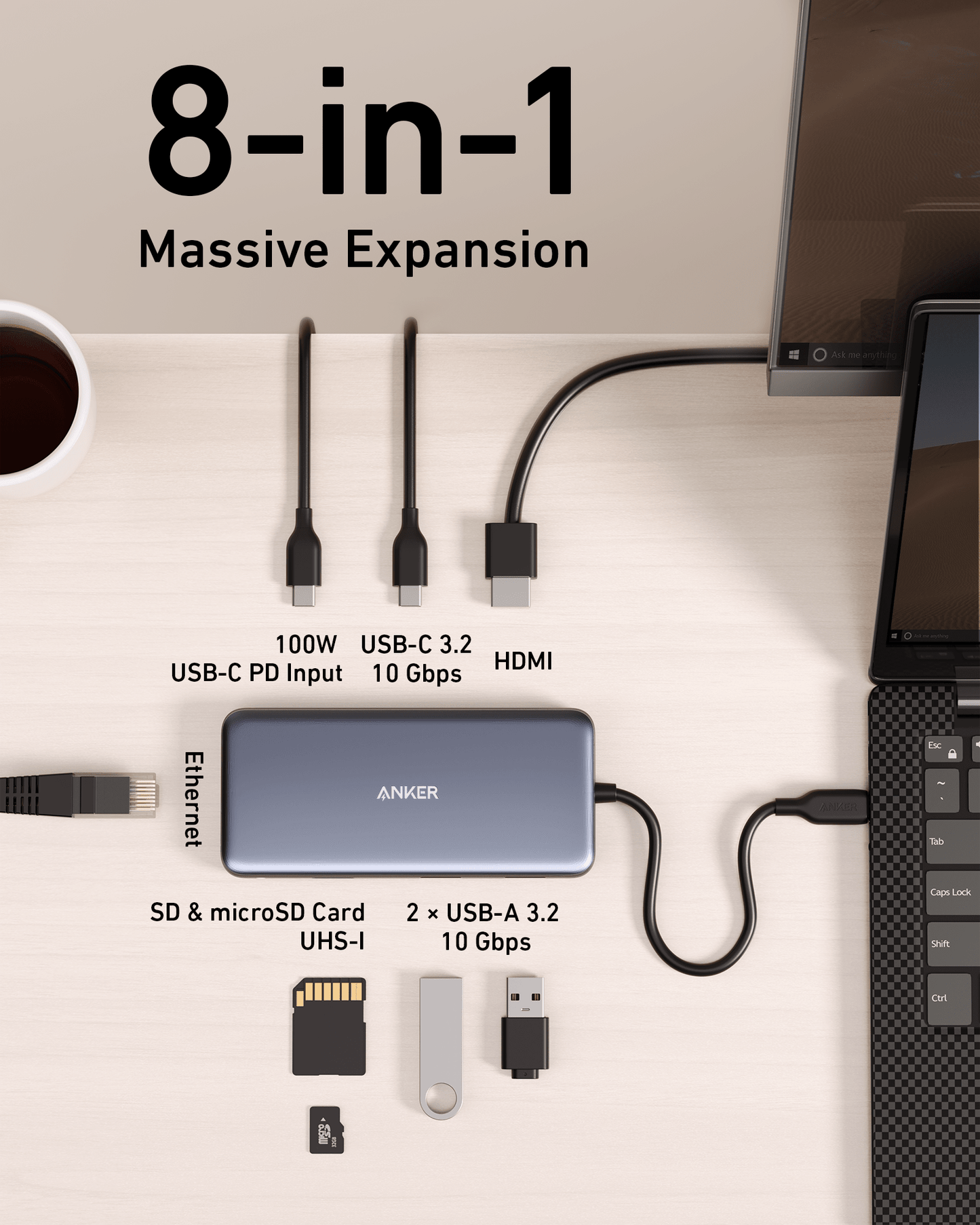 Anker 555 USB-C Hub charging only, black 8-in-1 multiport with multiple USB and charging ports for laptops and devices