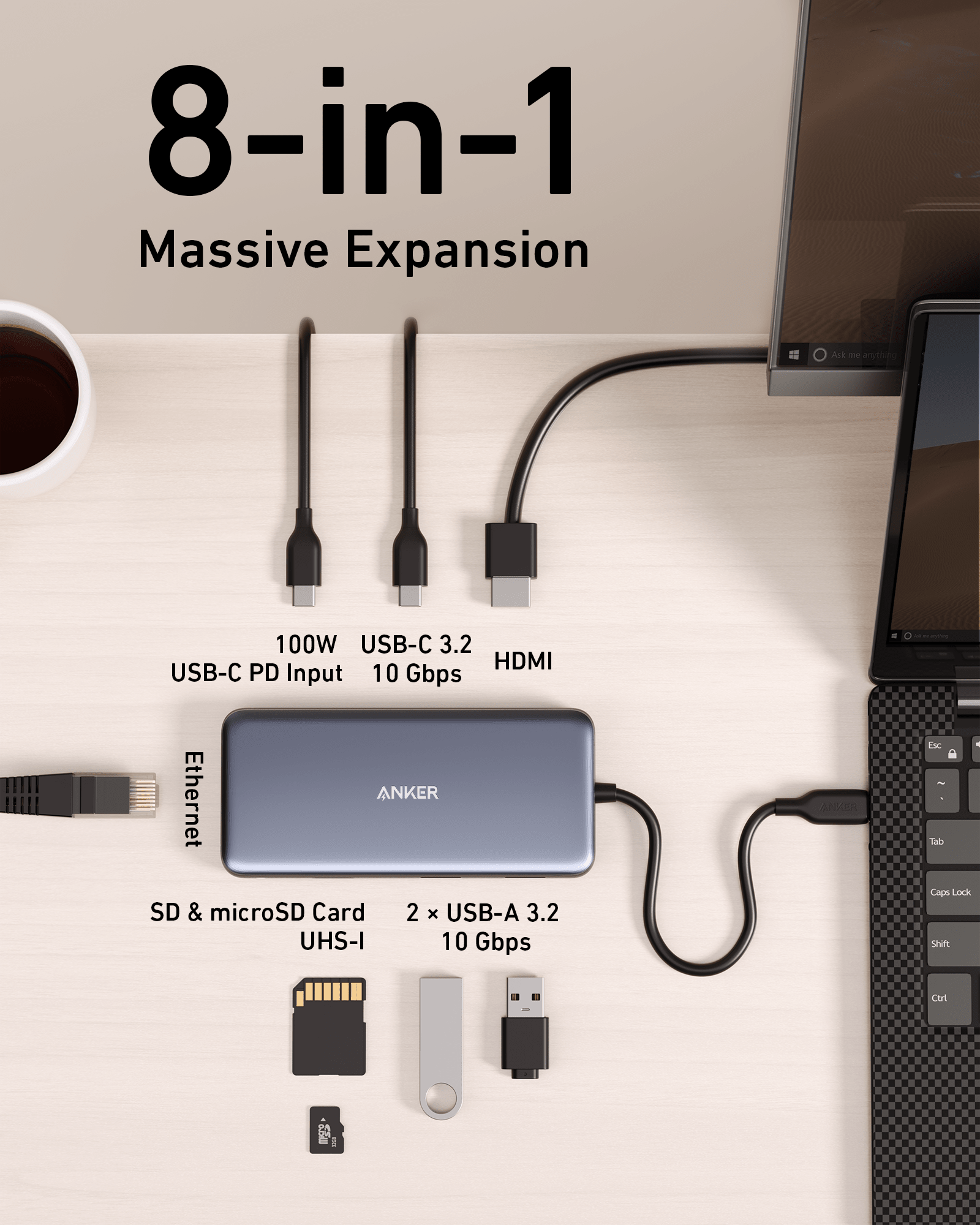Anker 555 USB-C Hub charging only, black 8-in-1 multiport with multiple USB and charging ports for laptops and devices