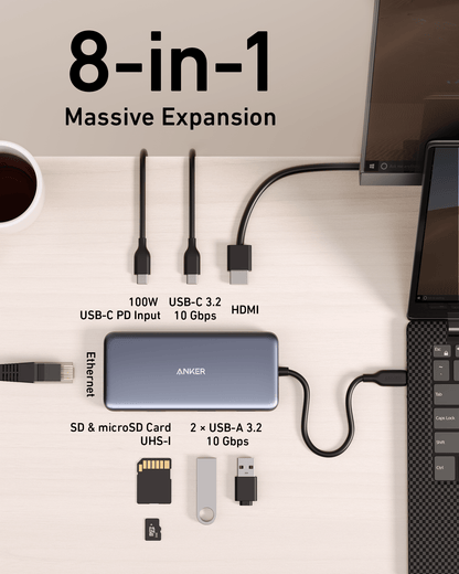 Anker 555 USB-C Hub charging only, black 8-in-1 multiport with multiple USB and charging ports for laptops and devices