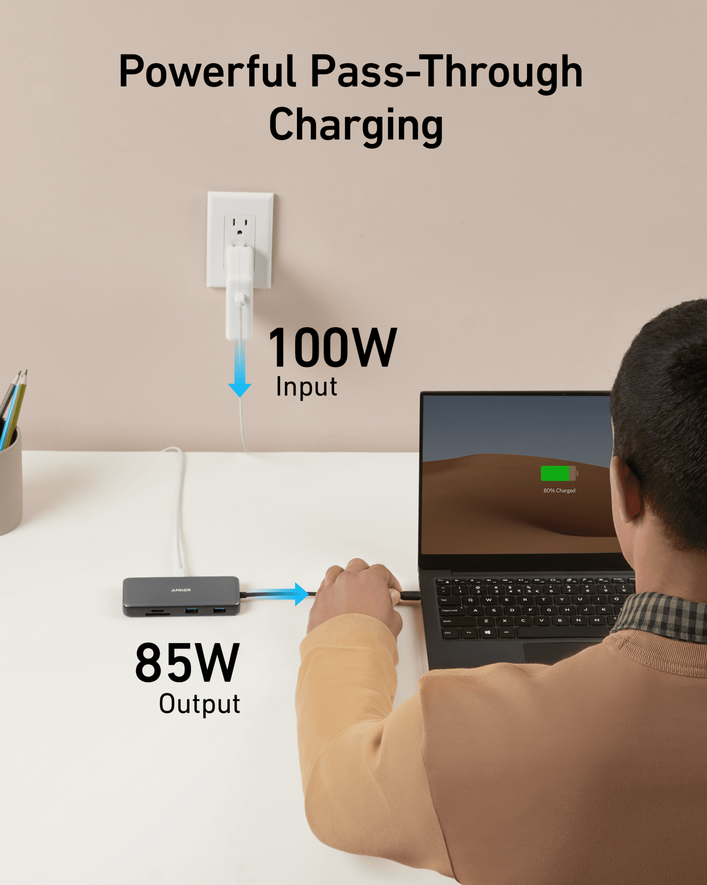 Black Anker 555 USB-C Hub 8-in-1 charging-only hub with multiple ports for laptops and devices