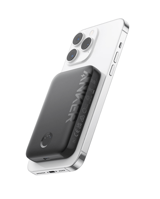Anker 321 MagGo PowerCore Magnetic 5K portable battery for charging devices, black stone finish, compact design.