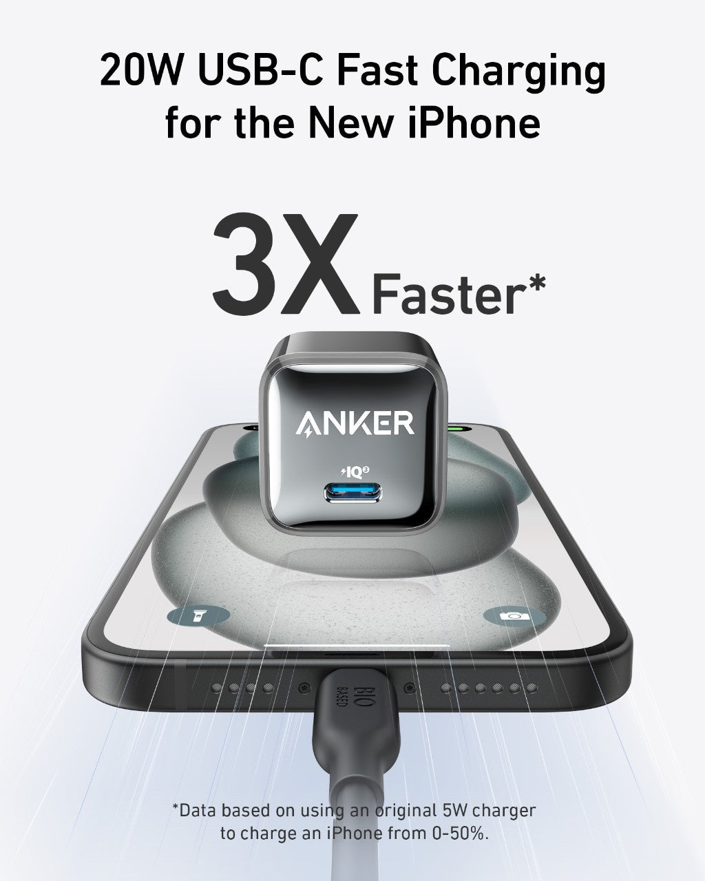 Black Anker Nano Charger 20W for fast charging, compact and sleek design, shown in close-up on a neutral background.