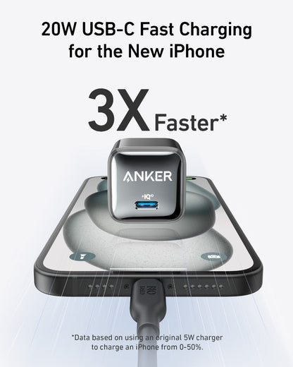 Black Anker Nano Charger 20W for fast charging, compact and sleek design, shown in close-up on a neutral background.