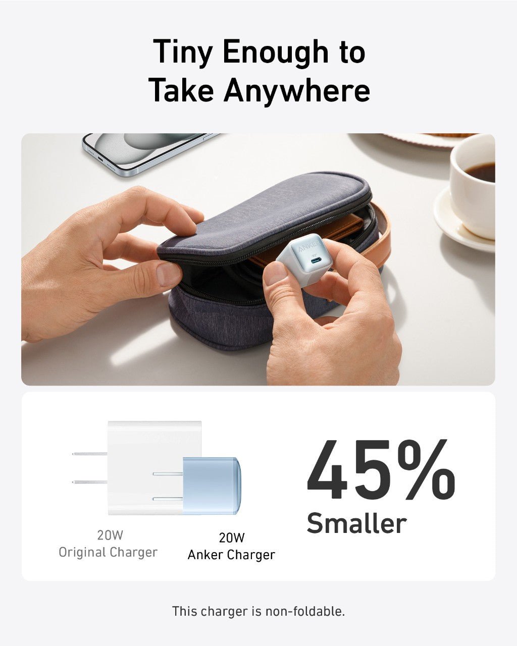 Anker Nano 20W charger in black, compact charging device with USB-C port for fast charging smartphones and devices.