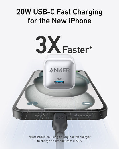 Black Anker Nano 20W charger for fast charging devices, compact design, charging only, with USB-C port.
