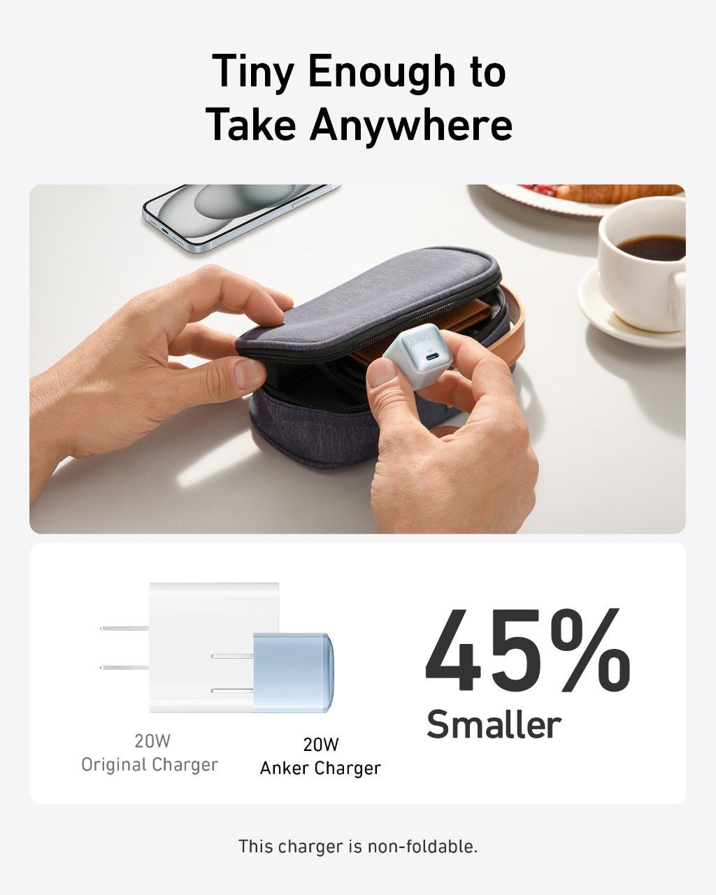 Black Anker Nano Charger 20W for fast charging, compact and sleek design, suitable for smartphones and devices.