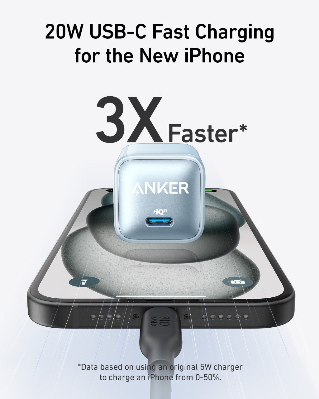 Anker Nano 20W charger in black, compact charging device with USB-C port for fast charging smartphones and devices.