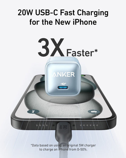 Anker Nano 20W charger in black, compact charging device with USB-C port for fast charging smartphones and devices.