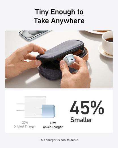 Anker Nano Charger 20W black compact charging adapter, close-up of the Anker branded fast charging device
