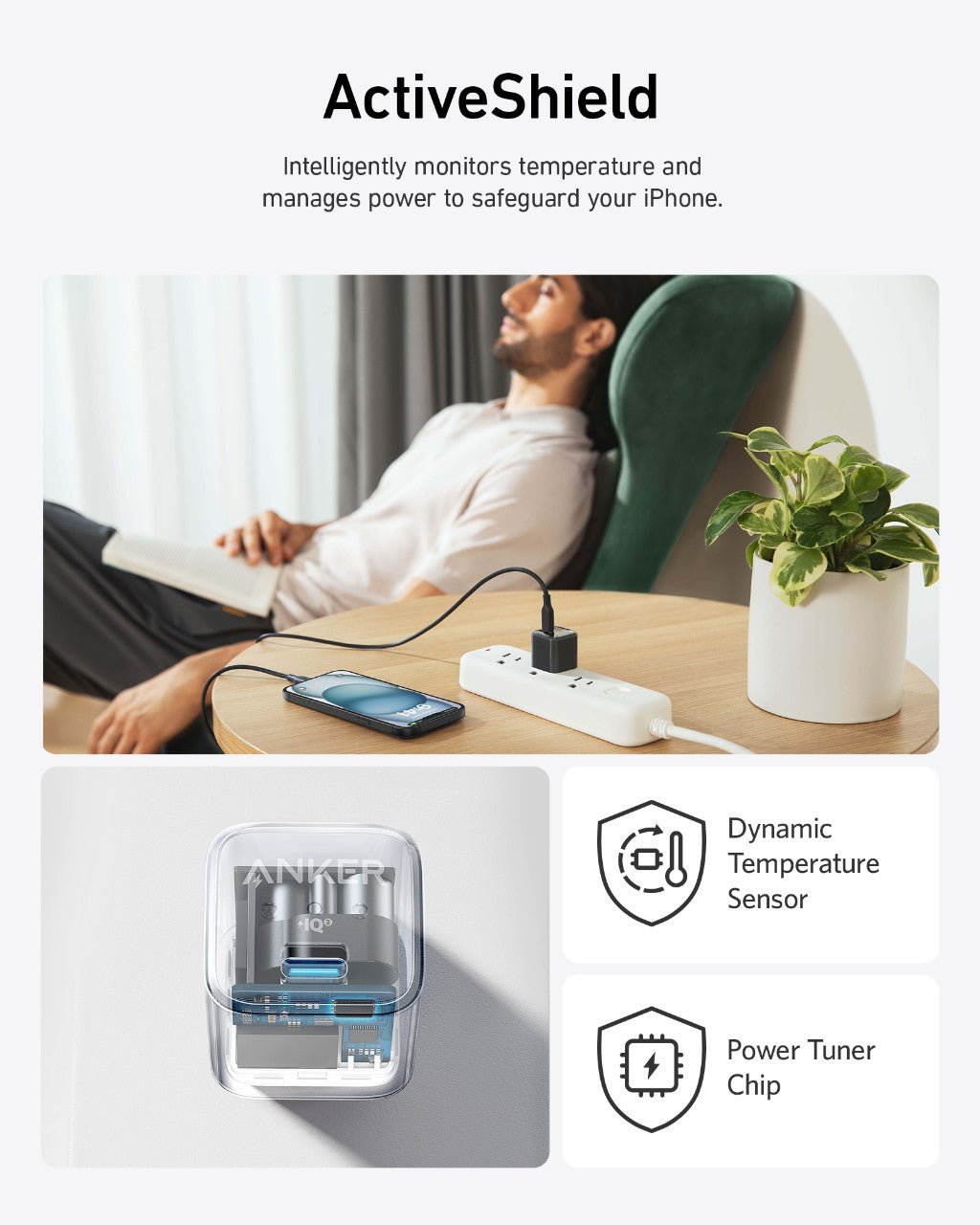 Anker Nano 20W charger in black, compact and sleek design for fast charging electronic devices.