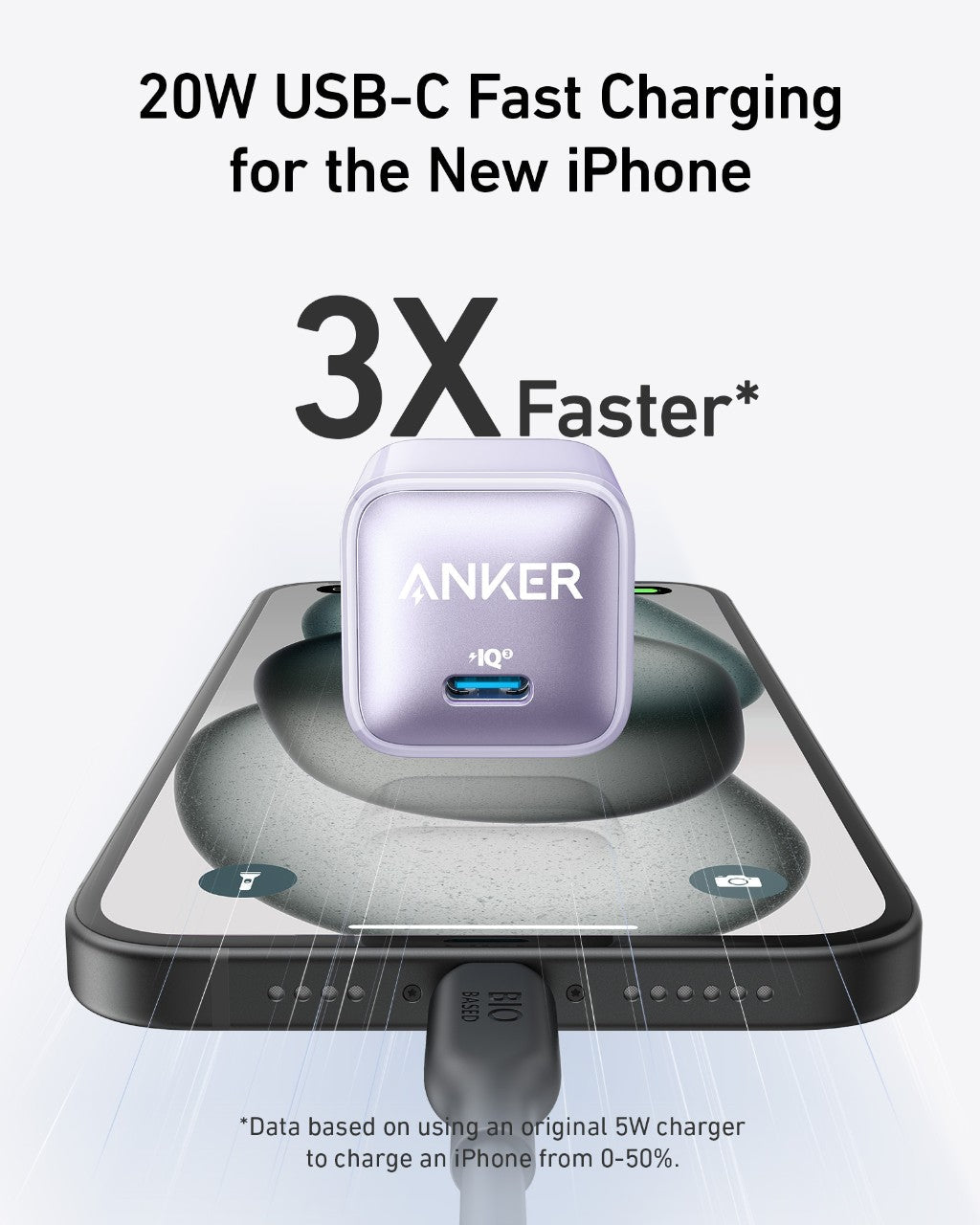 Black Anker Nano 20W charger for fast charging devices, compact and lightweight, designed for efficient power delivery.