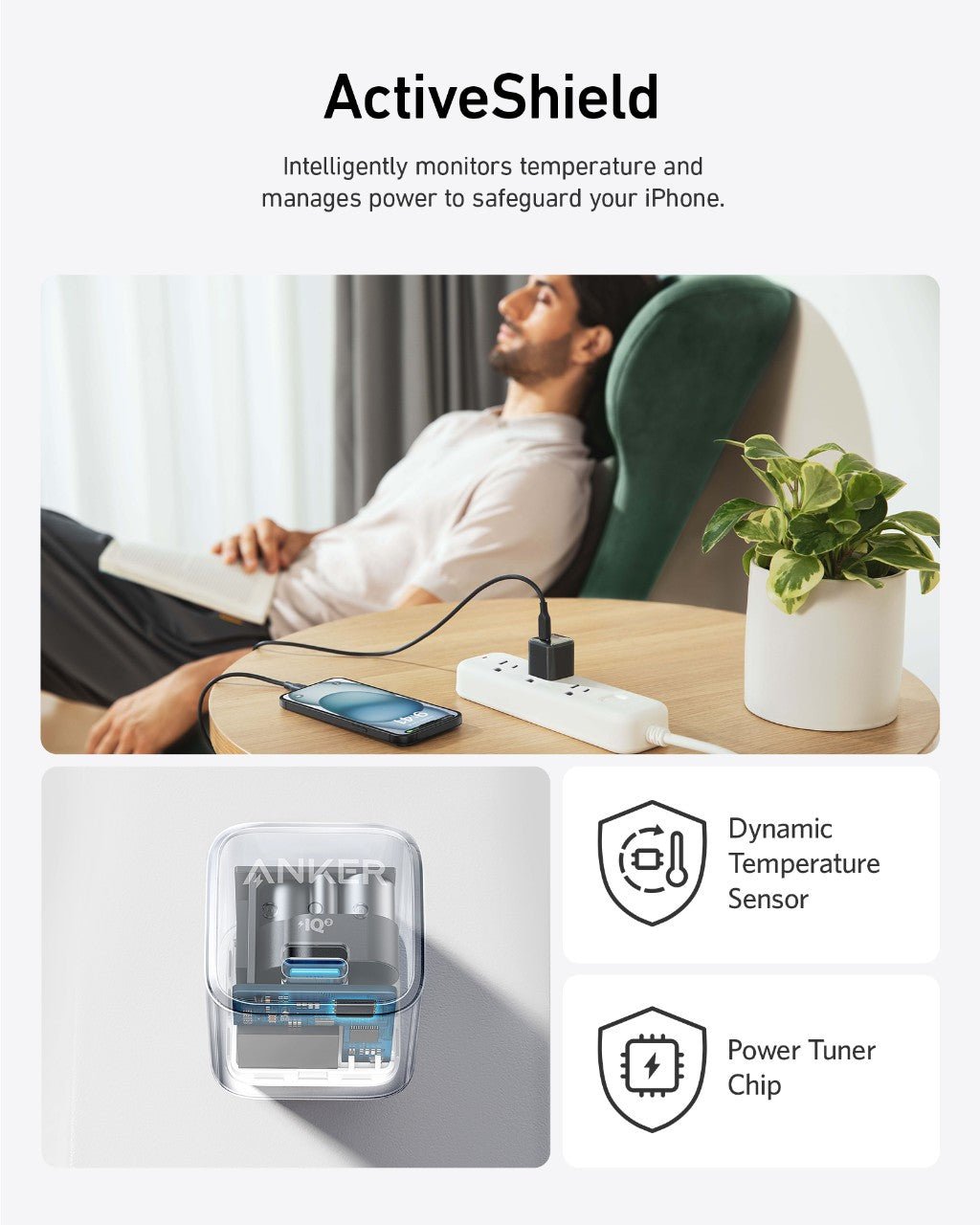 Anker Nano 20W charging-only USB-C wall charger in black, compact design with USB-C port for fast device charging.