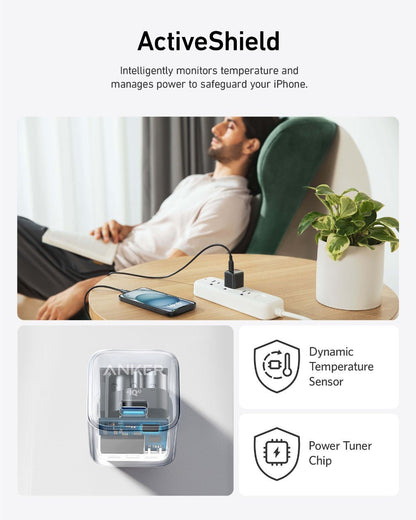 Anker Nano 20W charging-only USB-C wall charger in black, compact design with USB-C port for fast device charging.