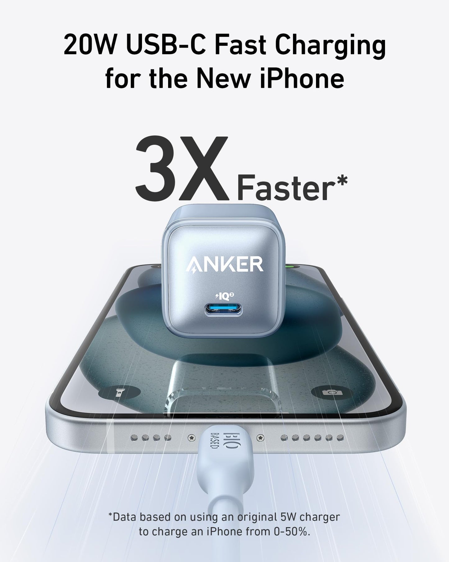 Anker Nano 20W charger in black, compact charging device with USB-C port, designed for fast charging smartphones and devices
