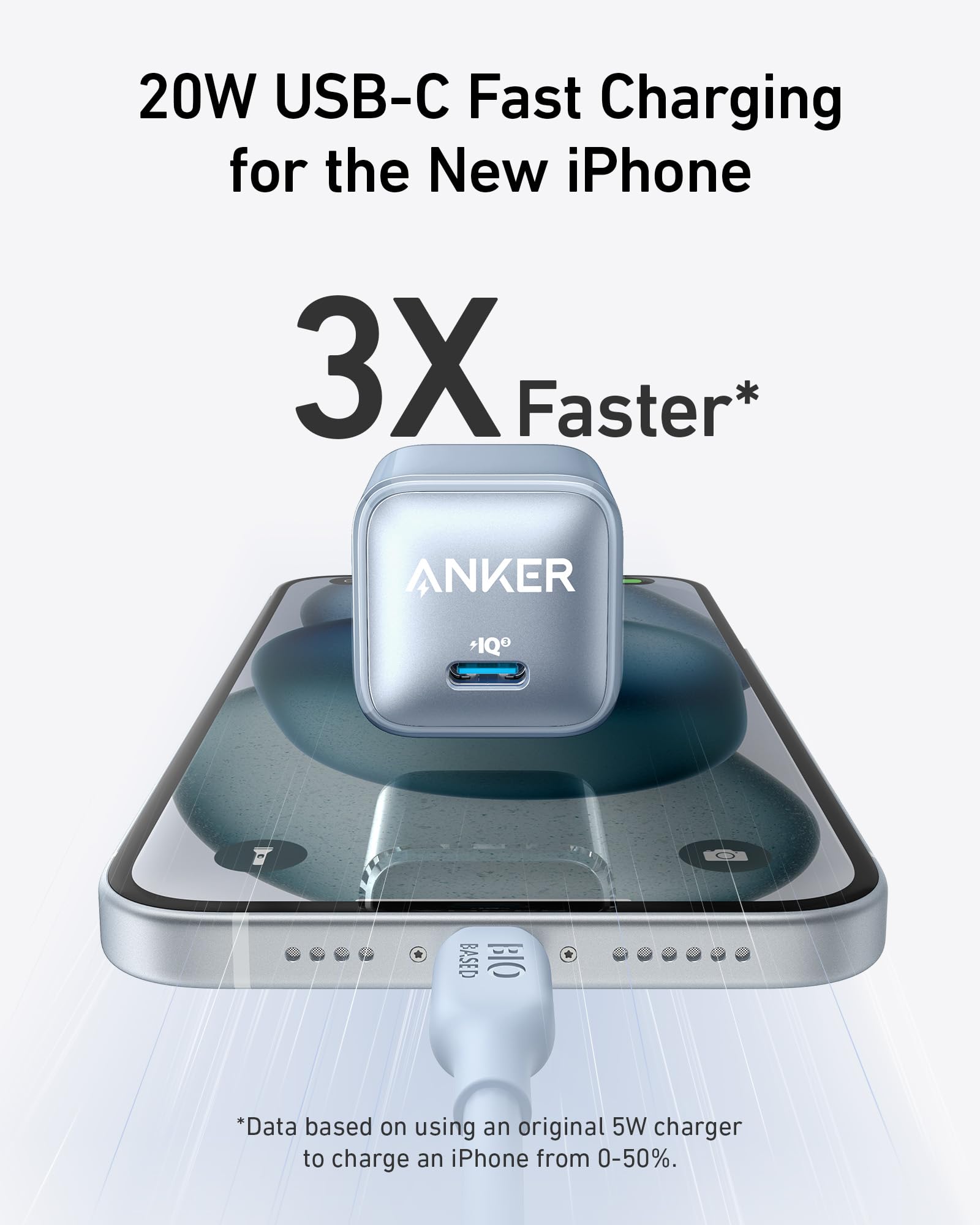Anker Nano 20W charger in black, compact charging device with USB-C port, designed for fast charging smartphones and devices