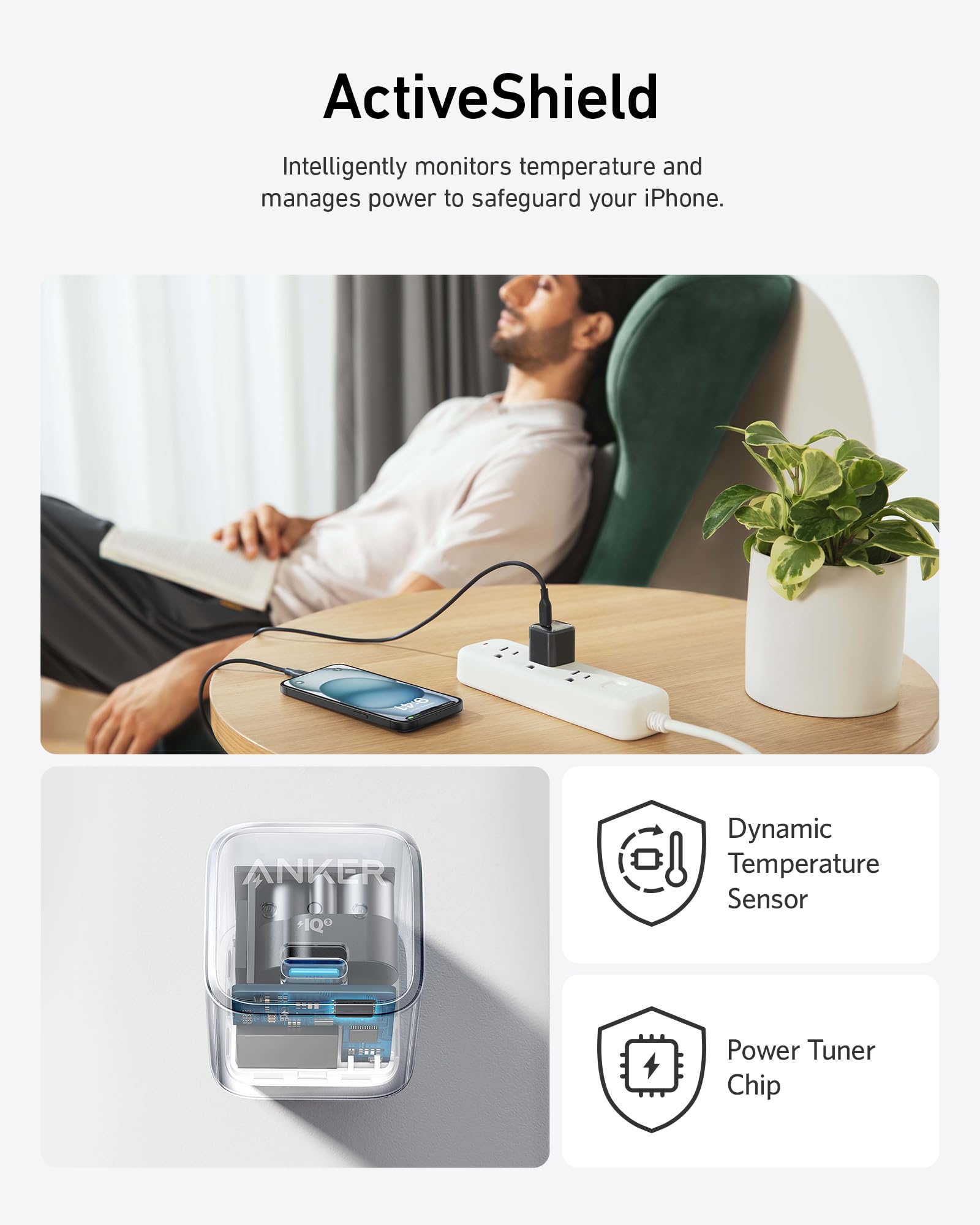 Black Anker Nano 20W charger for fast charging devices, shown plugged into a power outlet with a sleek compact design.