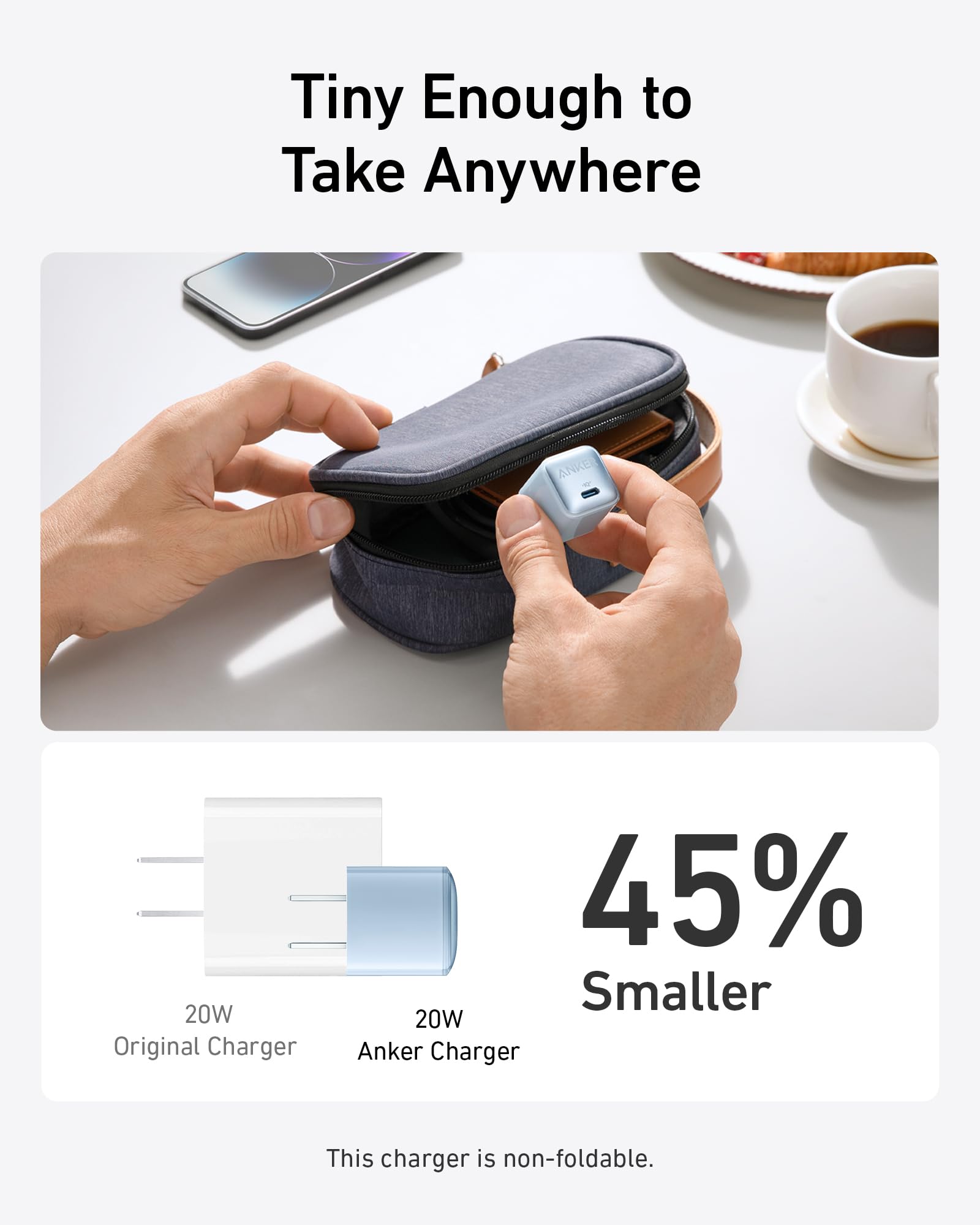 Black Anker Nano 20W charger for fast charging devices, compact and lightweight charging accessory.